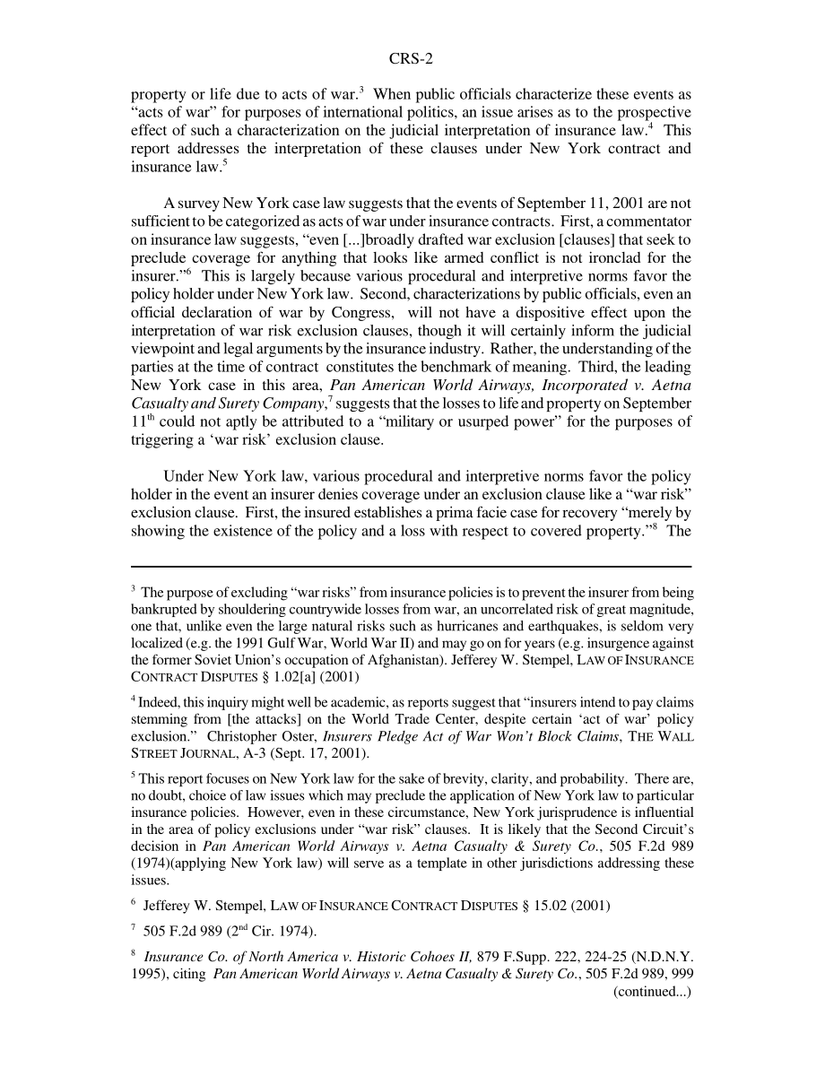 [20010918]RS21016_世贸中心保险范围：纽约合同法下“战争风险”排除原因的解释.pdf_第2页