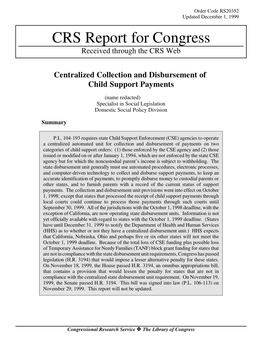 [19991201]RS20352_Centralized Collection and Disbursement of Child Support Payments.pdf_第1页