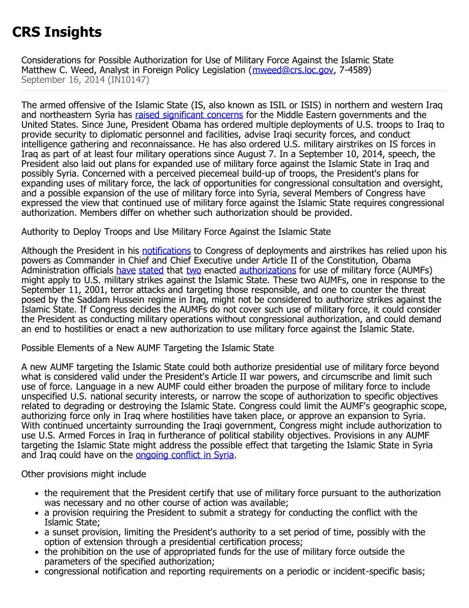 [20140916]IN10147_对可能授权对伊斯兰国使用武力的考虑.pdf_第1页