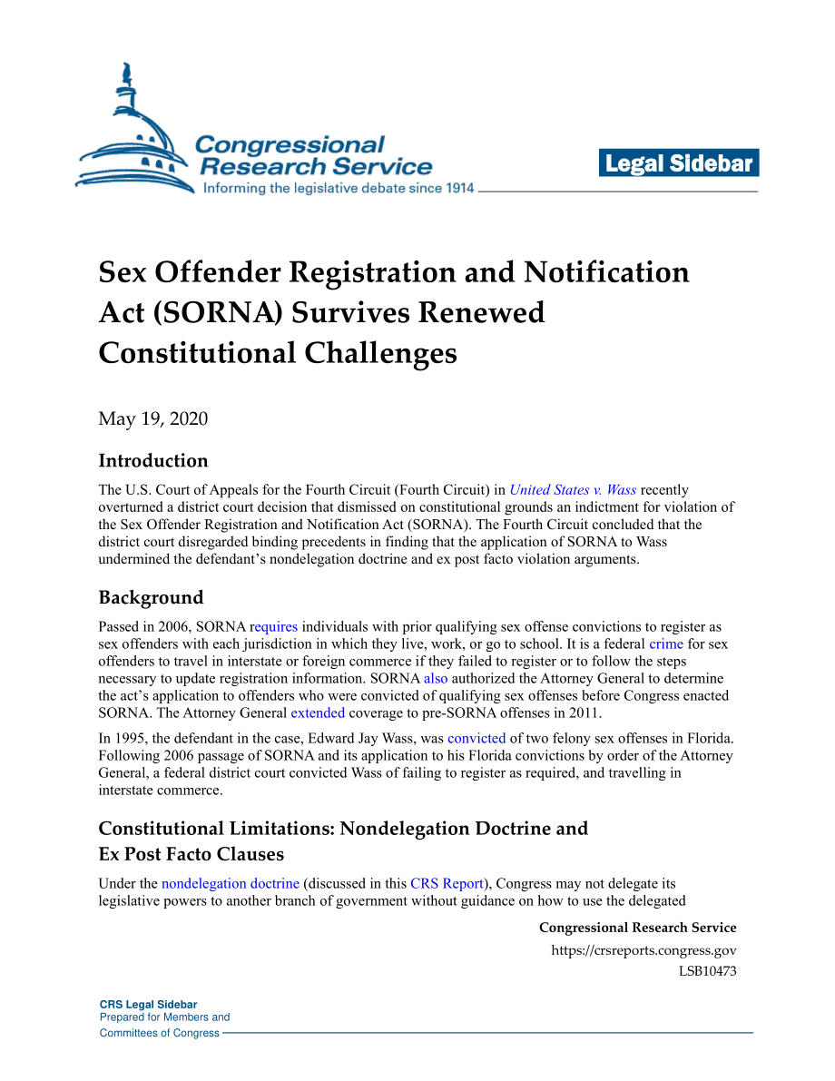 [20200519]LSB10473_《性犯罪者登记和通知法》（SORNA）经受住了新的宪法挑战.pdf_第1页