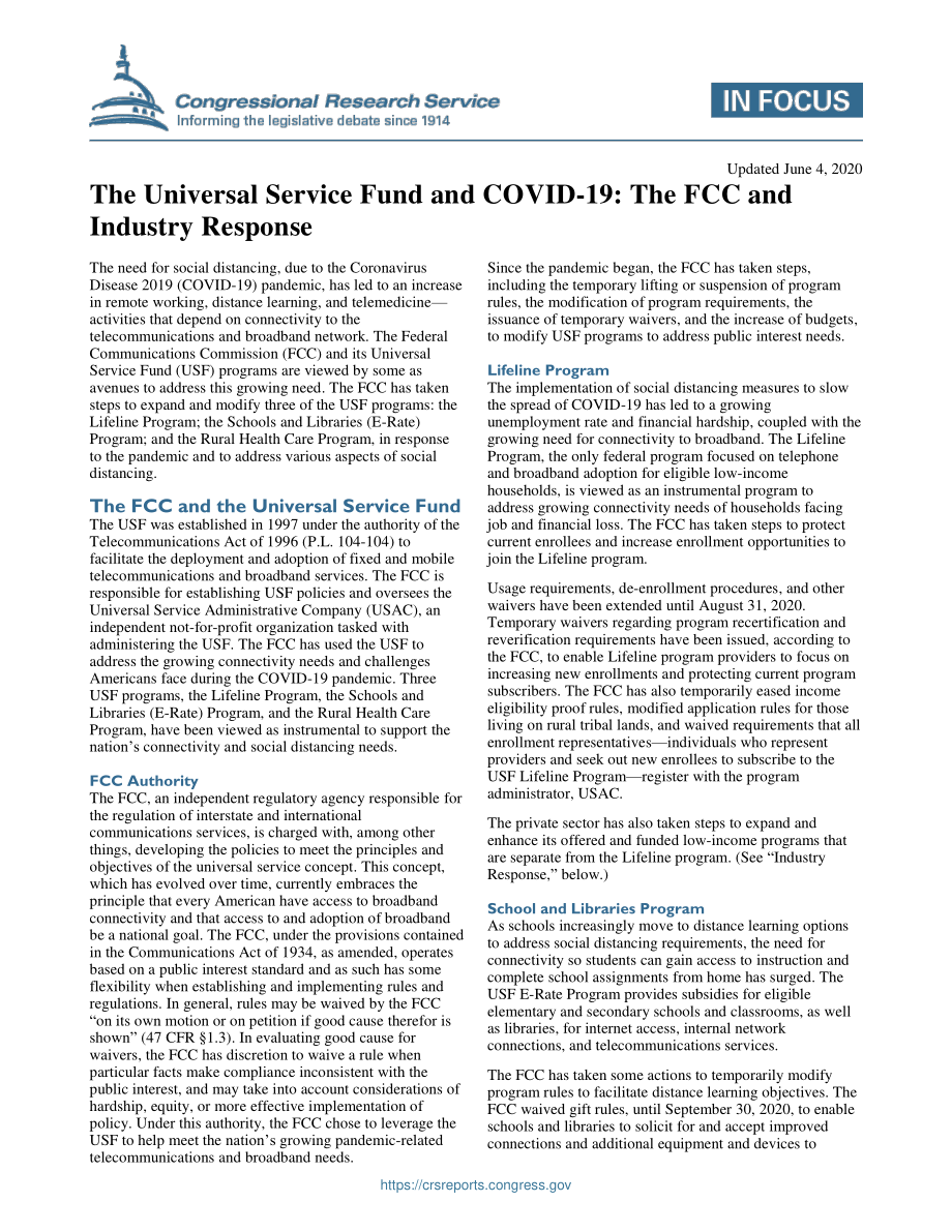 [20200604]IF11520_普遍服务基金和新冠肺炎：FCC和行业响应.pdf_第1页