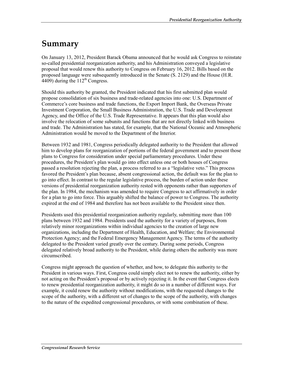 [20121211]R42852_总统重组机构：历史、最近的举措和国会的选择.pdf_第2页