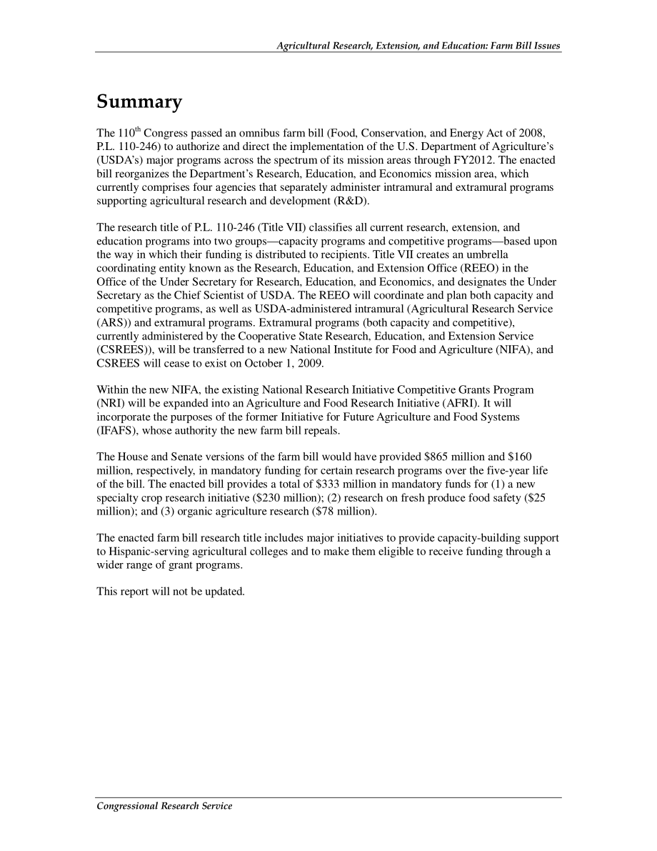 [20090722]RL34352_农业研究、教育和推广：农业法案问题.pdf_第2页