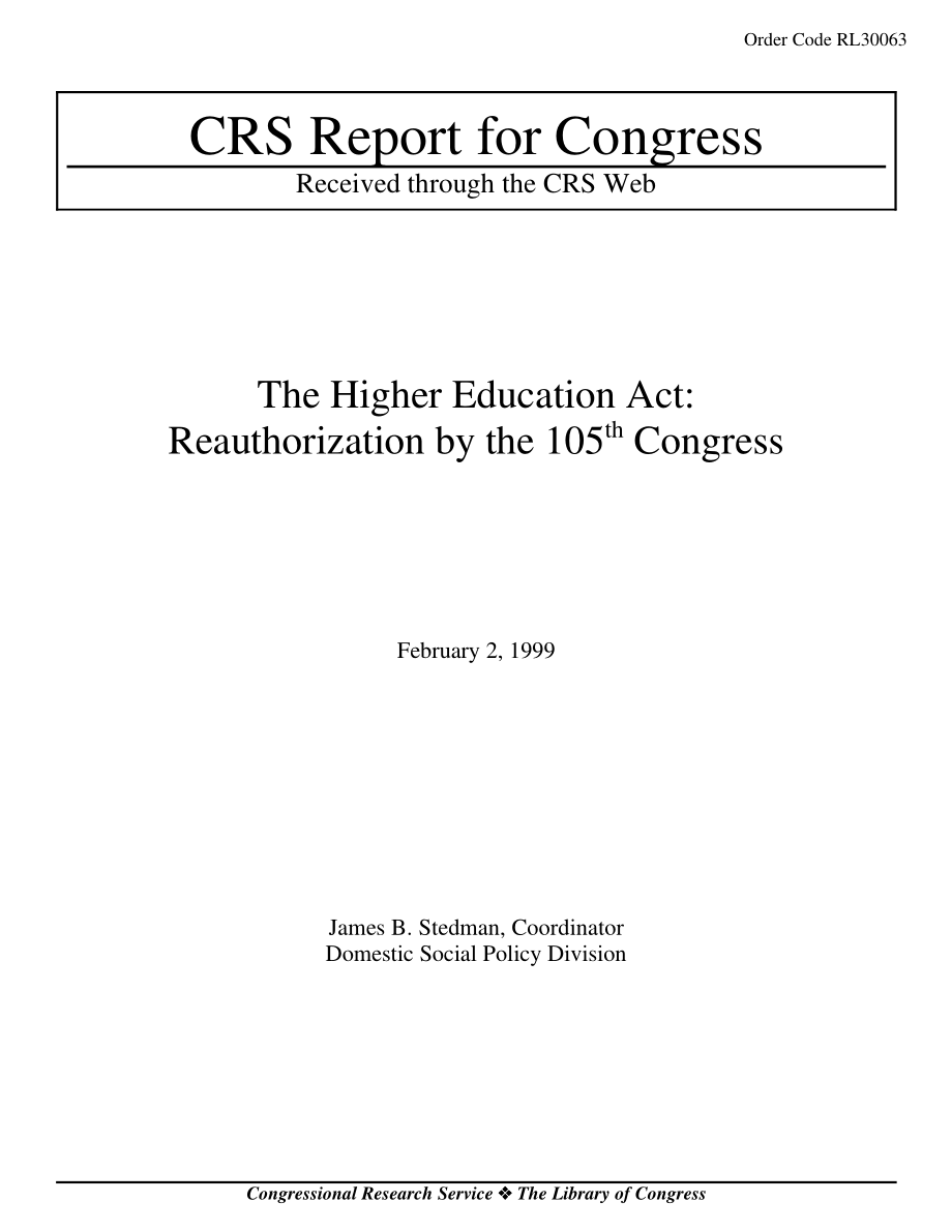 [19990202]RL30063_《高等教育法》：第105届国会重新授权.pdf_第1页