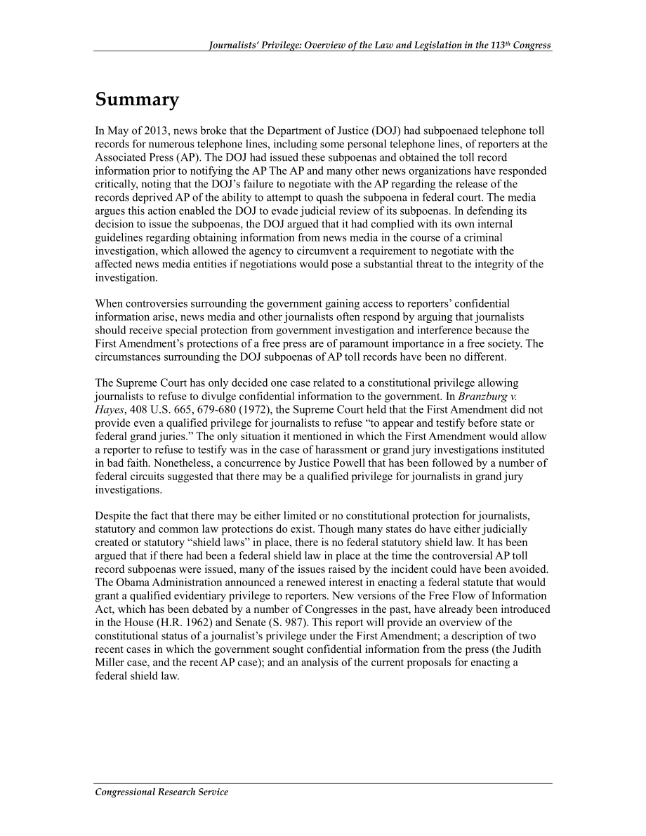 [20130531]RL34193_记者特权：第113届国会法律和立法概况.pdf_第2页