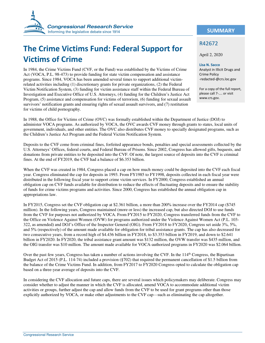 [20200402]R42672_犯罪受害者基金：联邦对犯罪受害者的支持.pdf_第2页