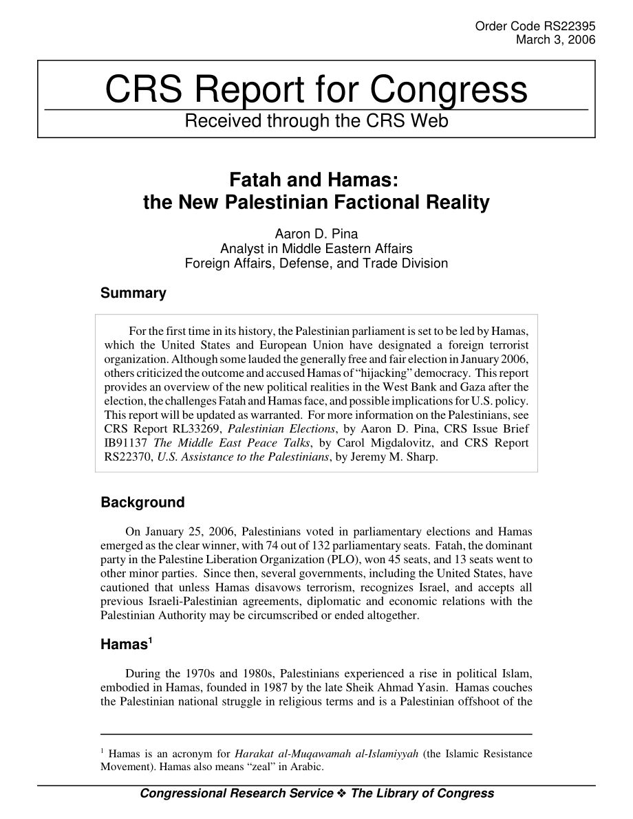 [20060303]RS22395_法塔赫和哈马斯：巴勒斯坦新的派系现实.pdf_第1页