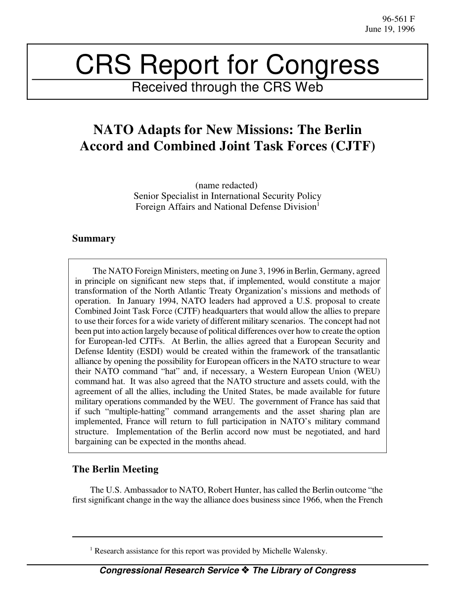 [19960619]96-561_北约适应新任务：柏林协议和联合特遣部队（CJTF）.pdf_第1页