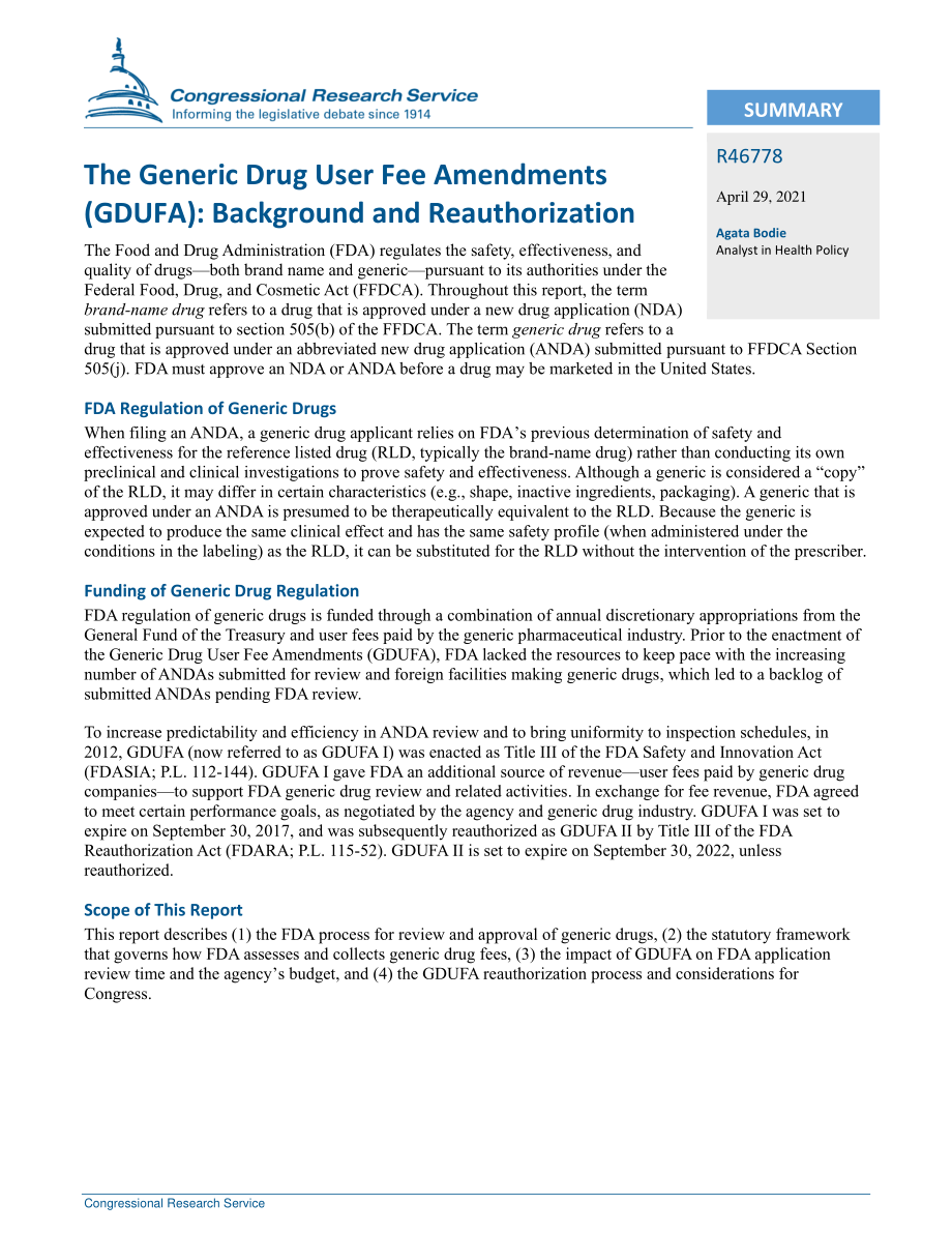 [20210429]R46778_非专利药物使用者费用修正案（GDUFA）：背景和重新授权.pdf_第2页