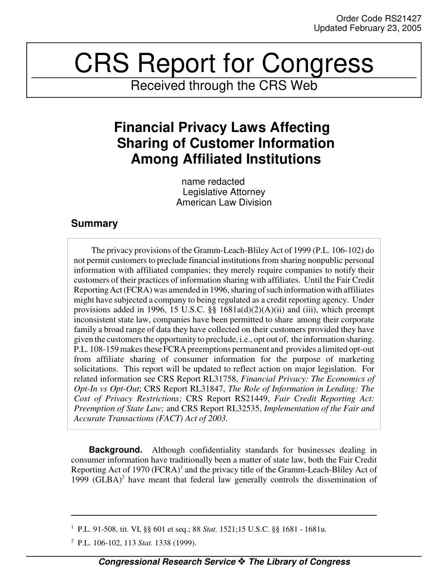 [20050223]RS21427_影响关联机构间客户信息共享的金融隐私法.pdf_第1页