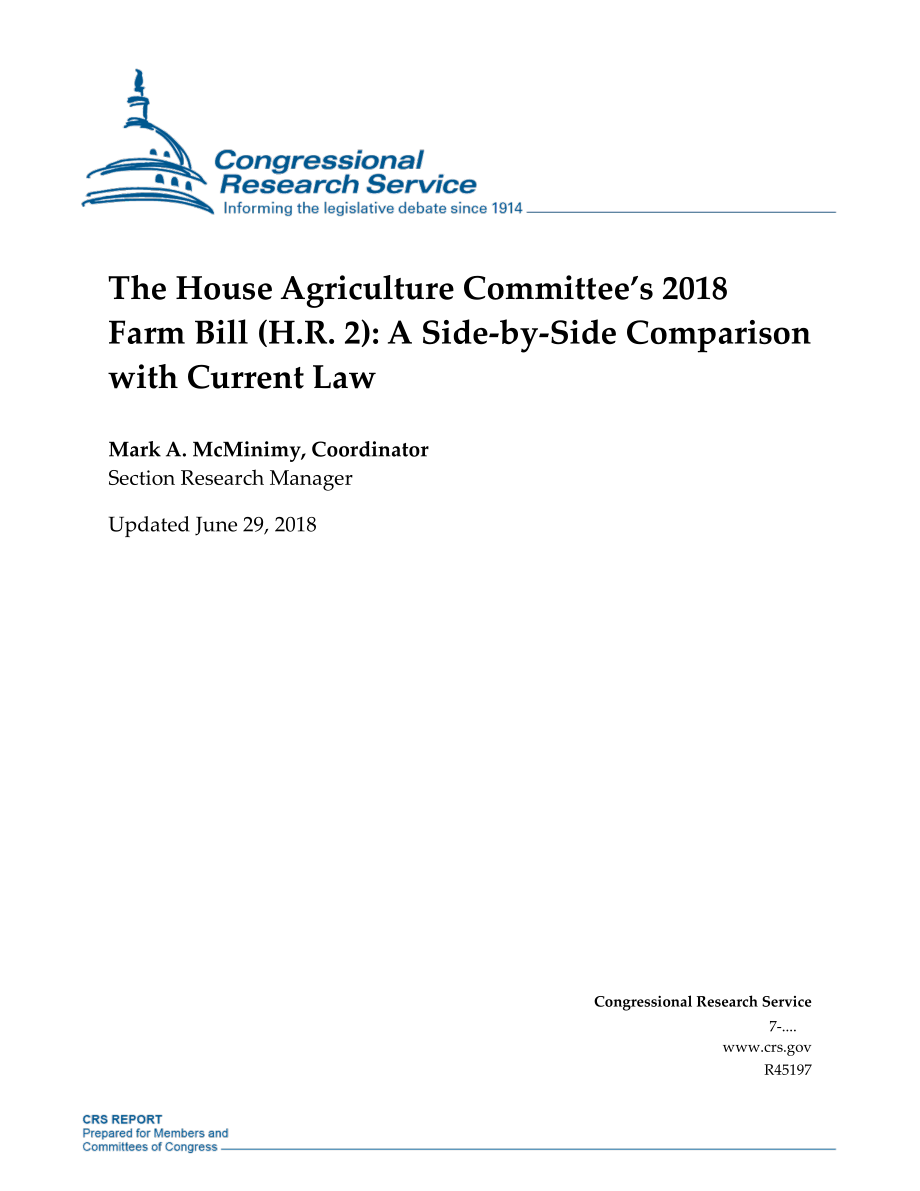 [20180629]R45197_众议院农业委员会2018年农业法案（H.R.2) 与现行法律的并列比较.pdf_第1页