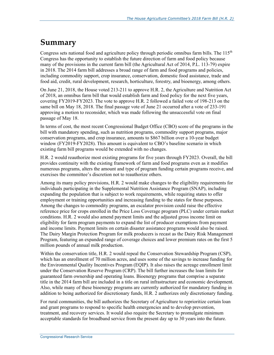 [20180629]R45197_众议院农业委员会2018年农业法案（H.R.2) 与现行法律的并列比较.pdf_第2页