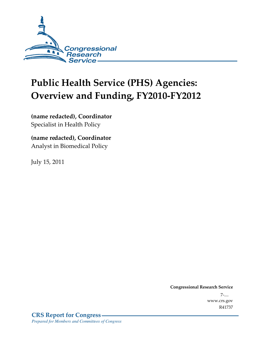 [20110715]R41737_公共卫生服务（PHS）机构：2010-2012财年概述和资金.pdf_第1页