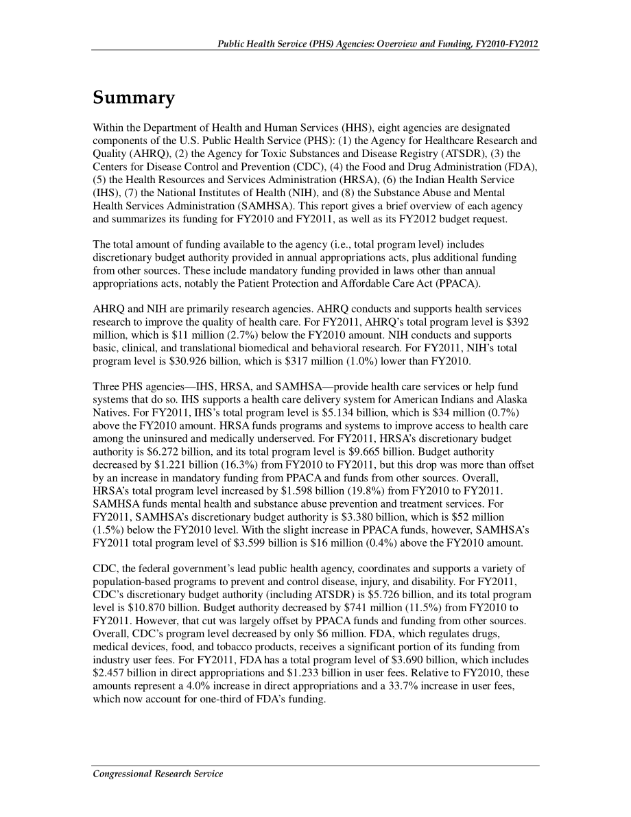 [20110715]R41737_公共卫生服务（PHS）机构：2010-2012财年概述和资金.pdf_第2页