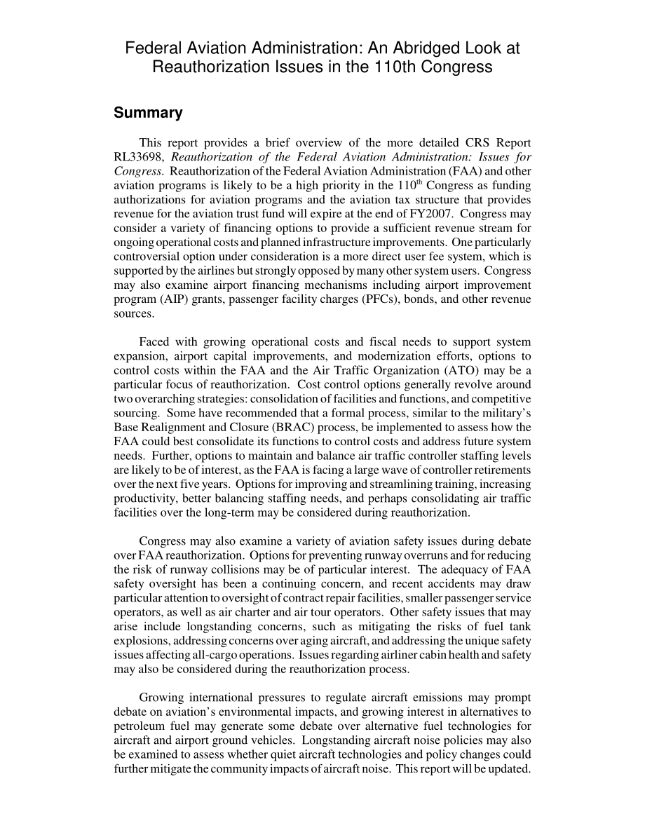 [20070109]RL33789_联邦航空管理局：第110届国会重新授权问题简介.pdf_第2页