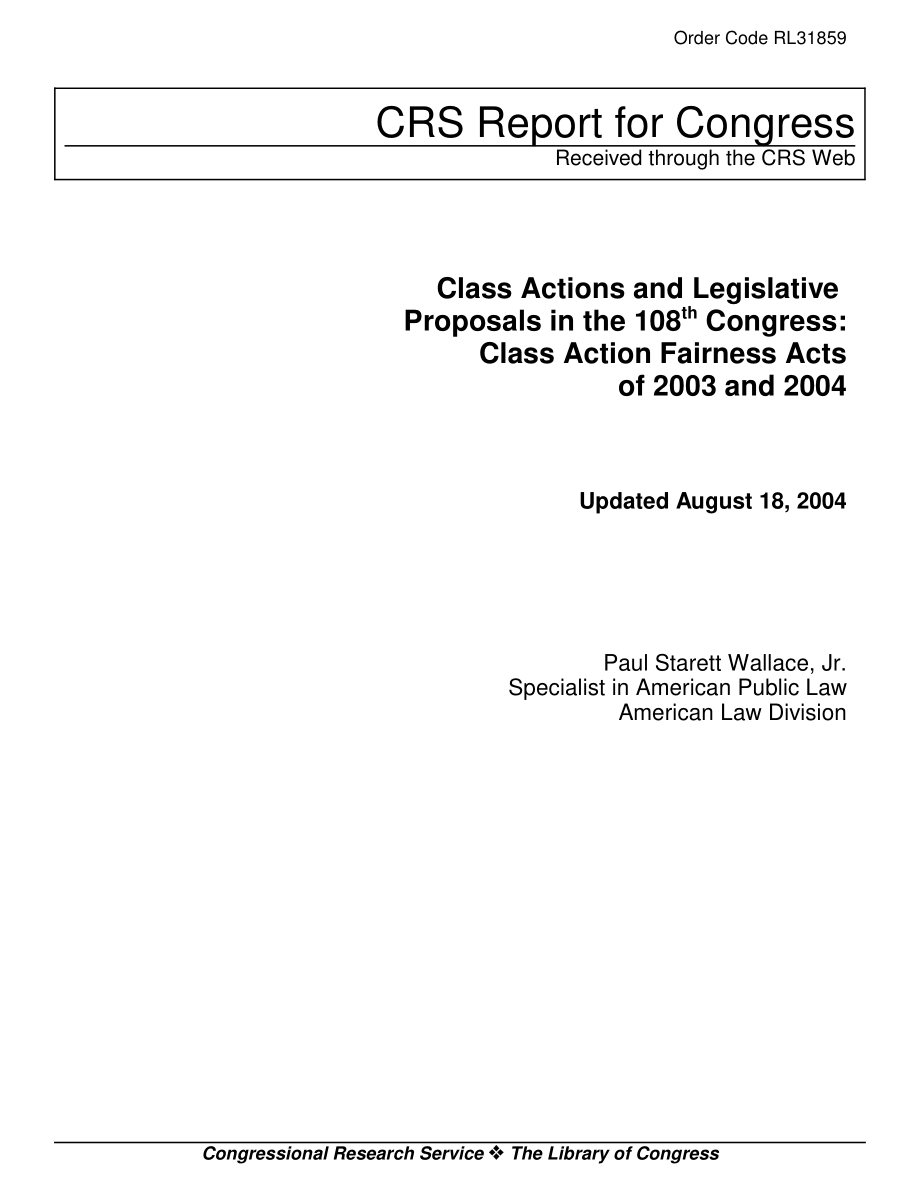 [20040818]RL31859_第108届国会集体诉讼和立法提案：2003年和2004年《集体诉讼公平法案》.pdf_第1页