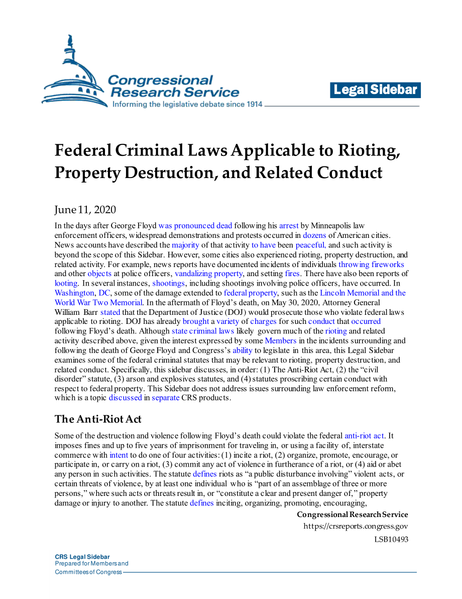 [20200611]LSB10493_适用于暴乱、财产破坏和相关行为的联邦刑法.pdf_第1页