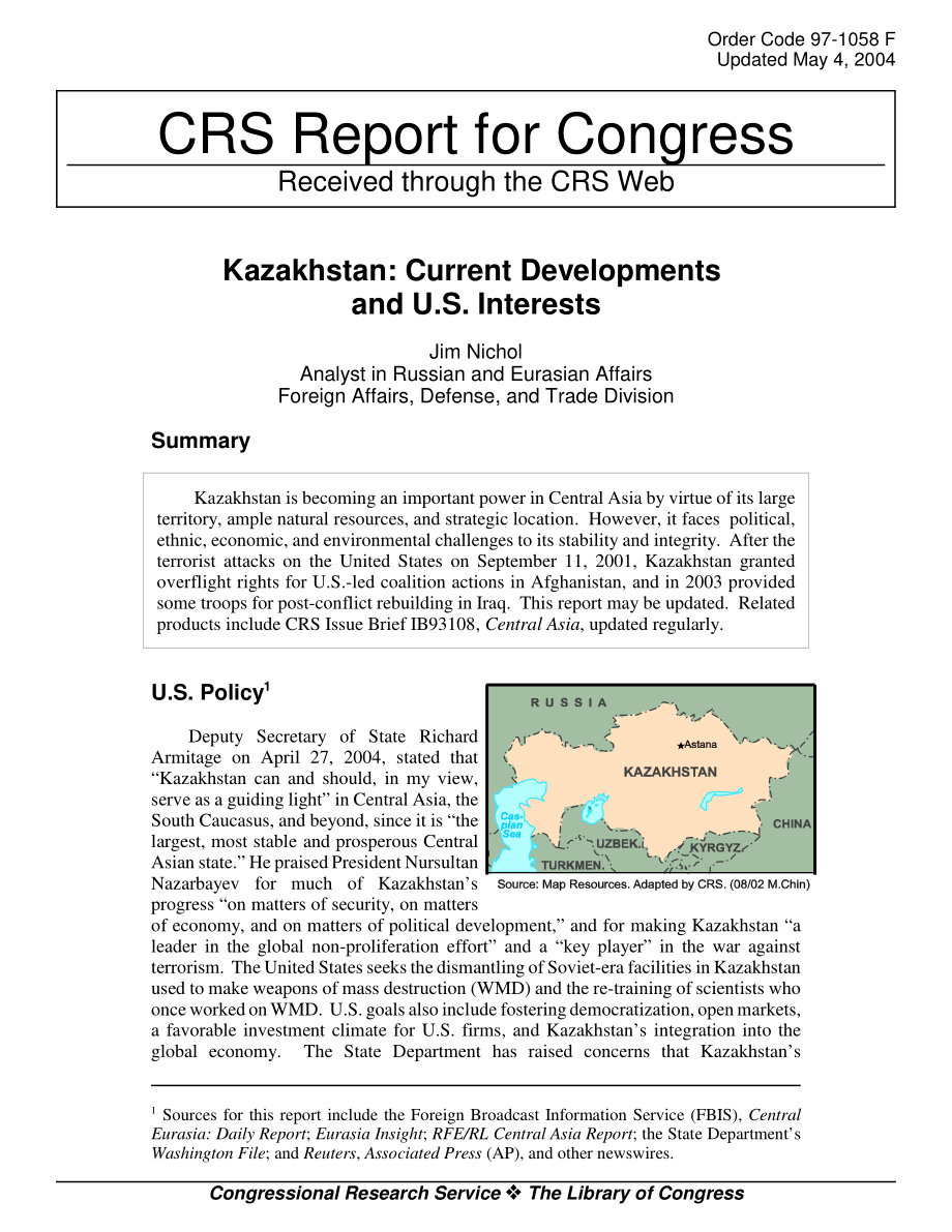 [20040504]97-1058F_哈萨克斯坦：当前发展和美国利益.pdf_第1页