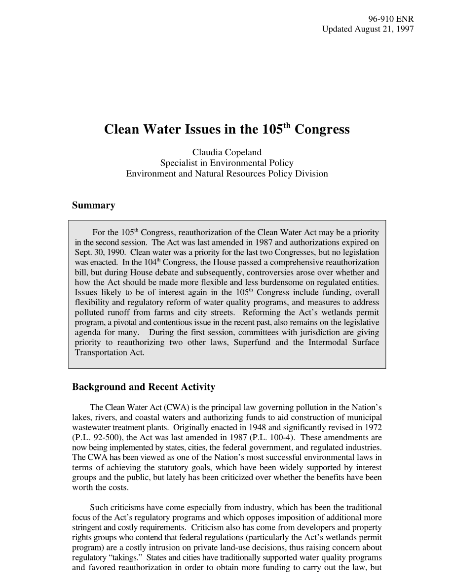 [19970821]96-910ENR_第105届国会的清洁水问题.pdf_第1页