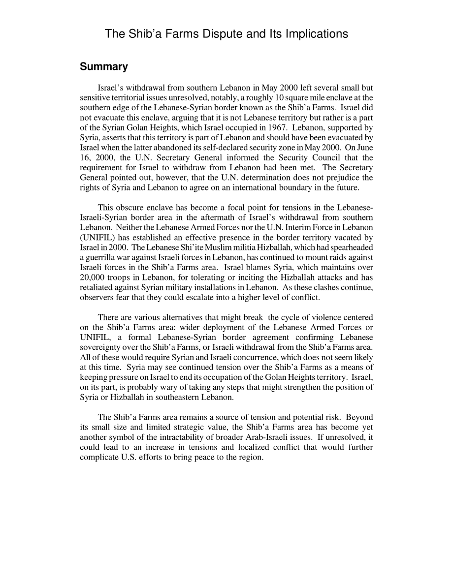 [20010807]RL31078_什叶派农场争端及其影响.pdf_第2页