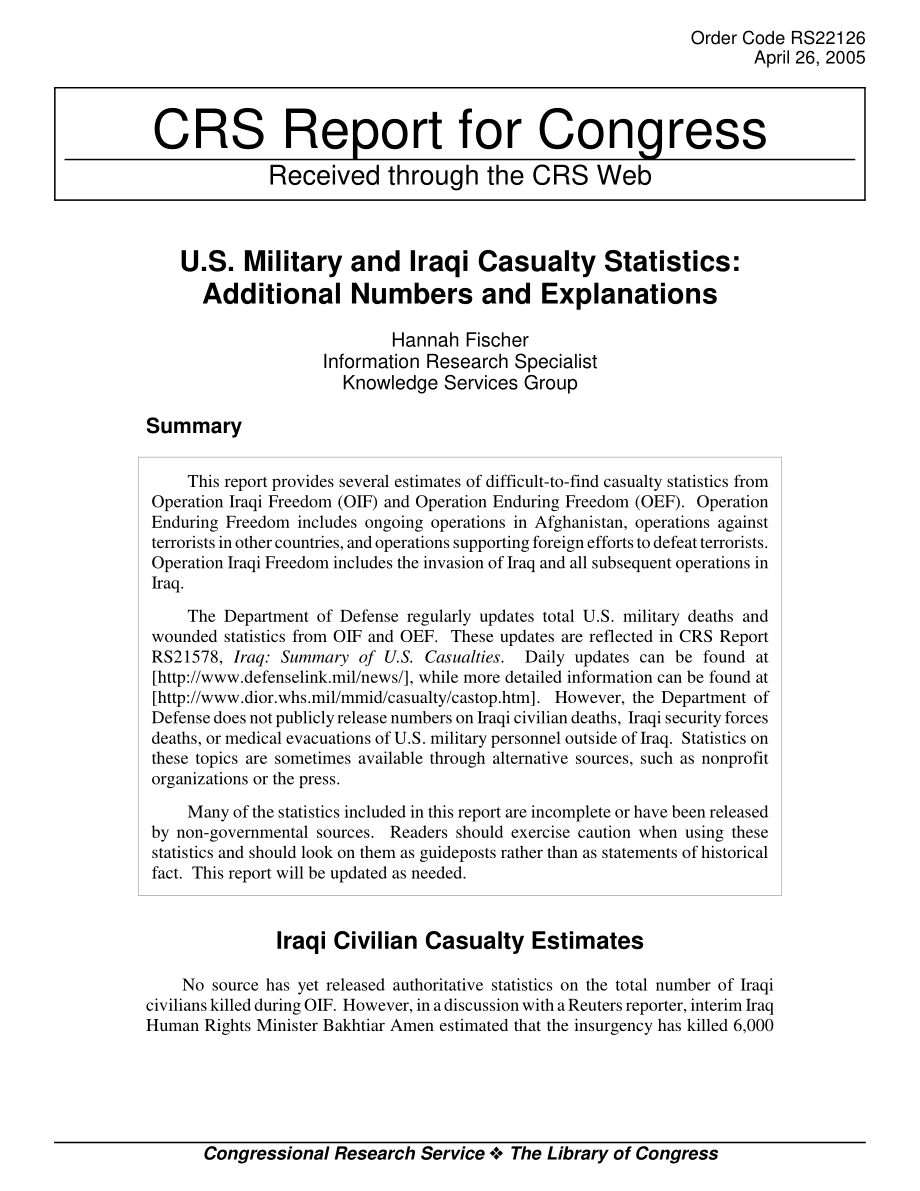 [20050426]RS22126_美国军方和伊拉克伤亡统计：其他数字和说明.pdf_第1页