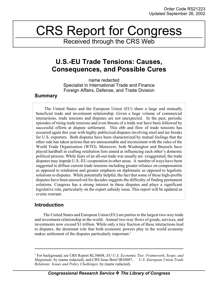 [20020926]RS21223_美欧贸易紧张：原因、后果和可能的治疗方法.pdf_第1页