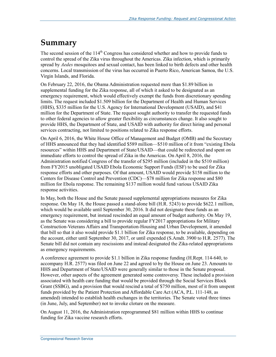 [20160930]R44460_寨卡响应资金：请求和国会行动.pdf_第2页