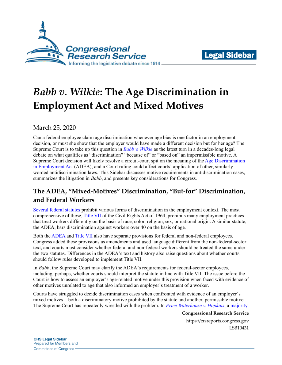 [20200325]LSB10431_Babb诉Wilkie案：《就业法》中的年龄歧视与混合动机.pdf_第1页
