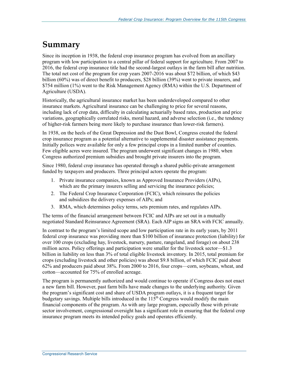 [20180510]R45193_联邦作物保险：第115届大会计划概述.pdf_第2页