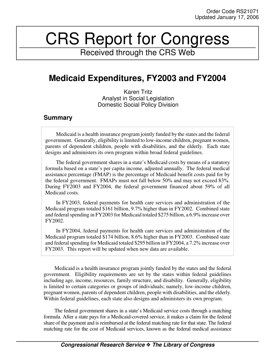 [20060117]RS21071_2003财年和2004财年医疗补助支出.pdf_第1页