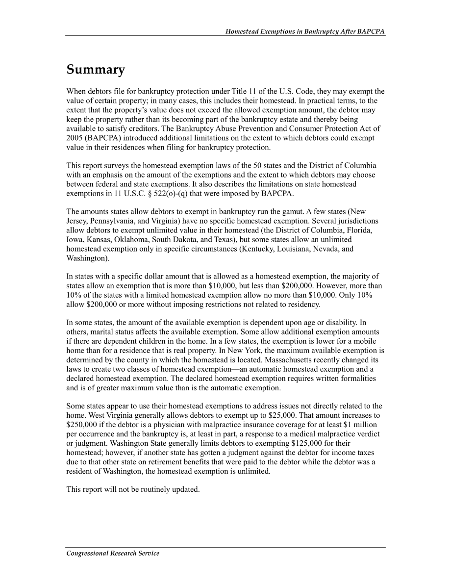 [20110825]R40891_2005年《防止破产滥用和消费者保护法》（BAPCPA）之后破产中的宅地豁免.pdf_第2页