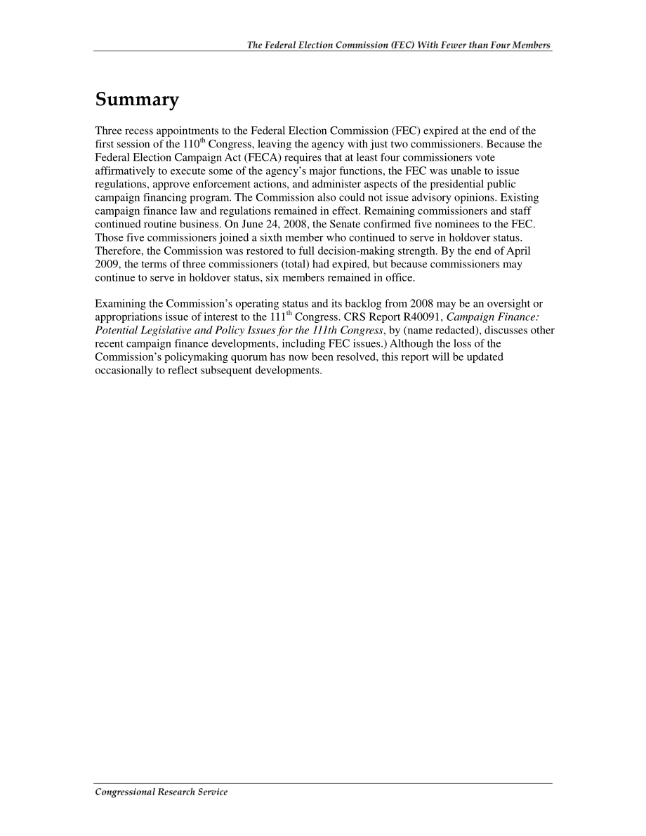 [20090505]RS22780_联邦选举委员会（FEC）成员少于四名：政策影响概述.pdf_第2页