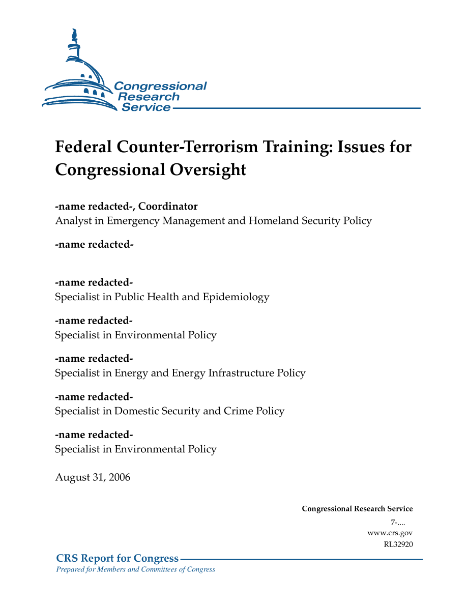 [20060831]RL32920_联邦反恐培训：国会监督的问题.pdf_第1页