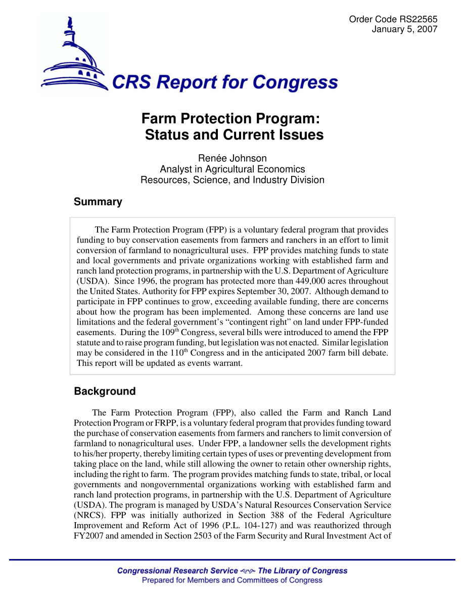 [20070105]RS22565_农场保护计划：现状和当前问题.pdf_第1页