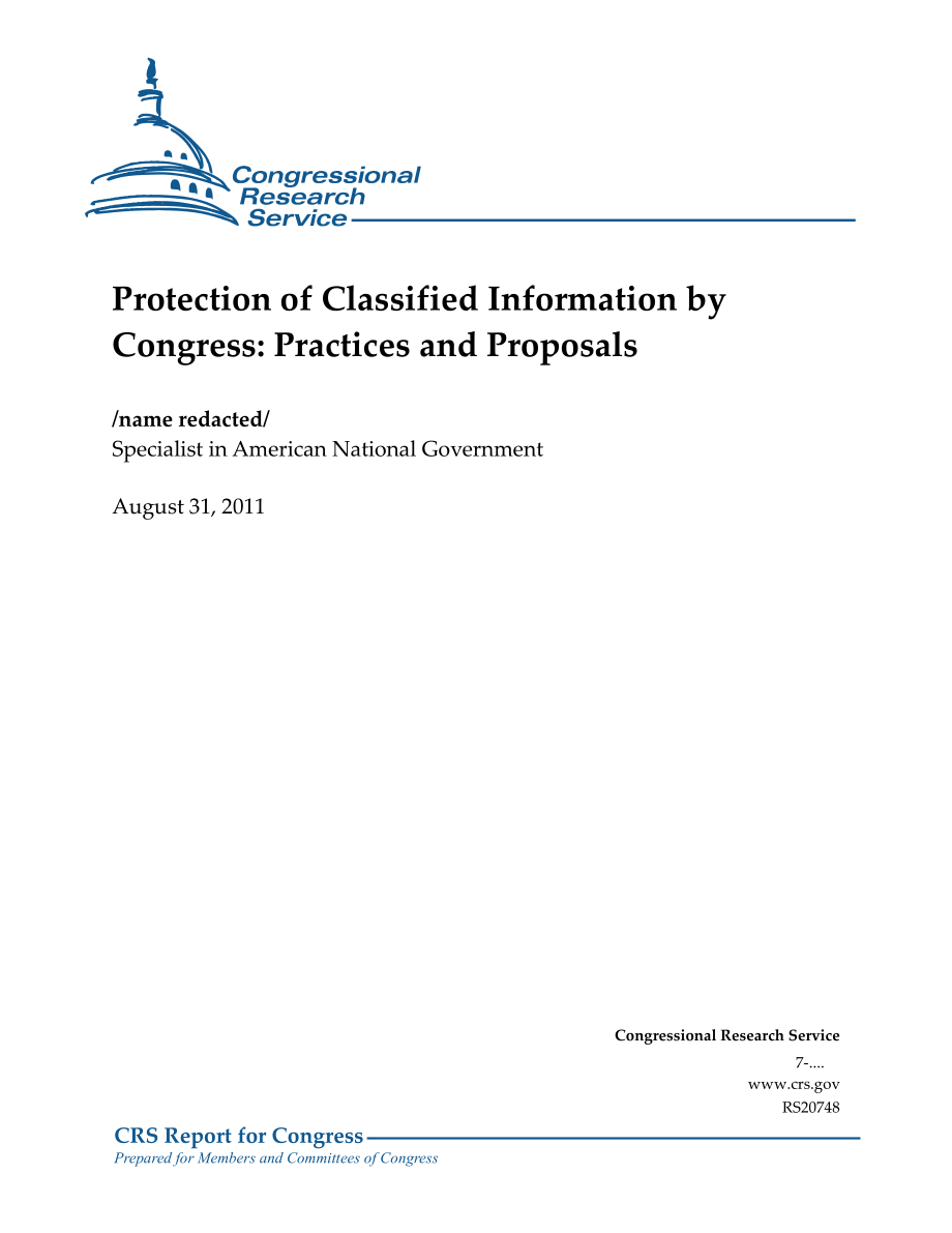 [20110831]RS20748_国会对机密信息的保护：做法和建议.pdf_第1页