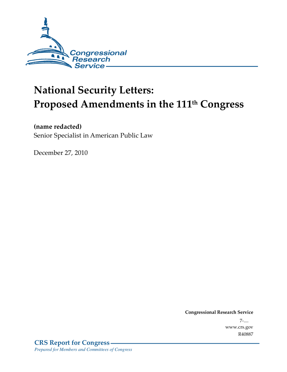[20101227]R40887_国家安全信函：第111届国会提出的修正案.pdf_第1页