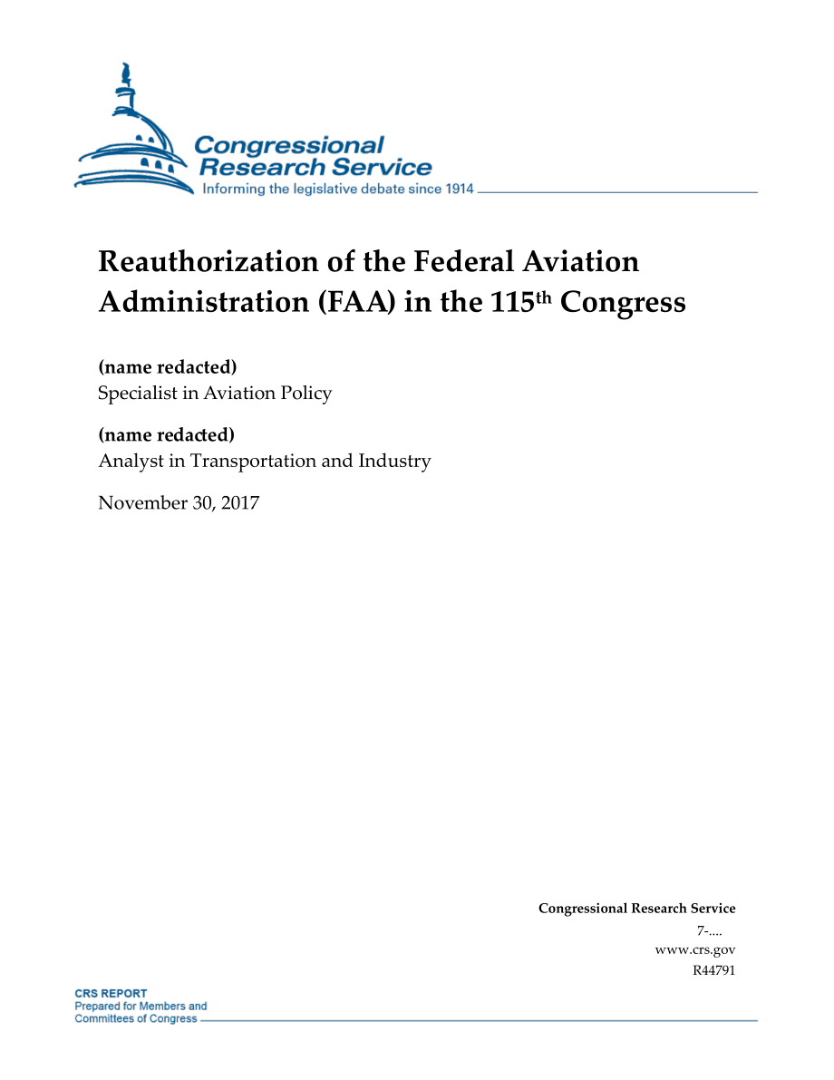 [20171130]R44791_第115届国会对联邦航空管理局（FAA）的重新授权.pdf_第1页