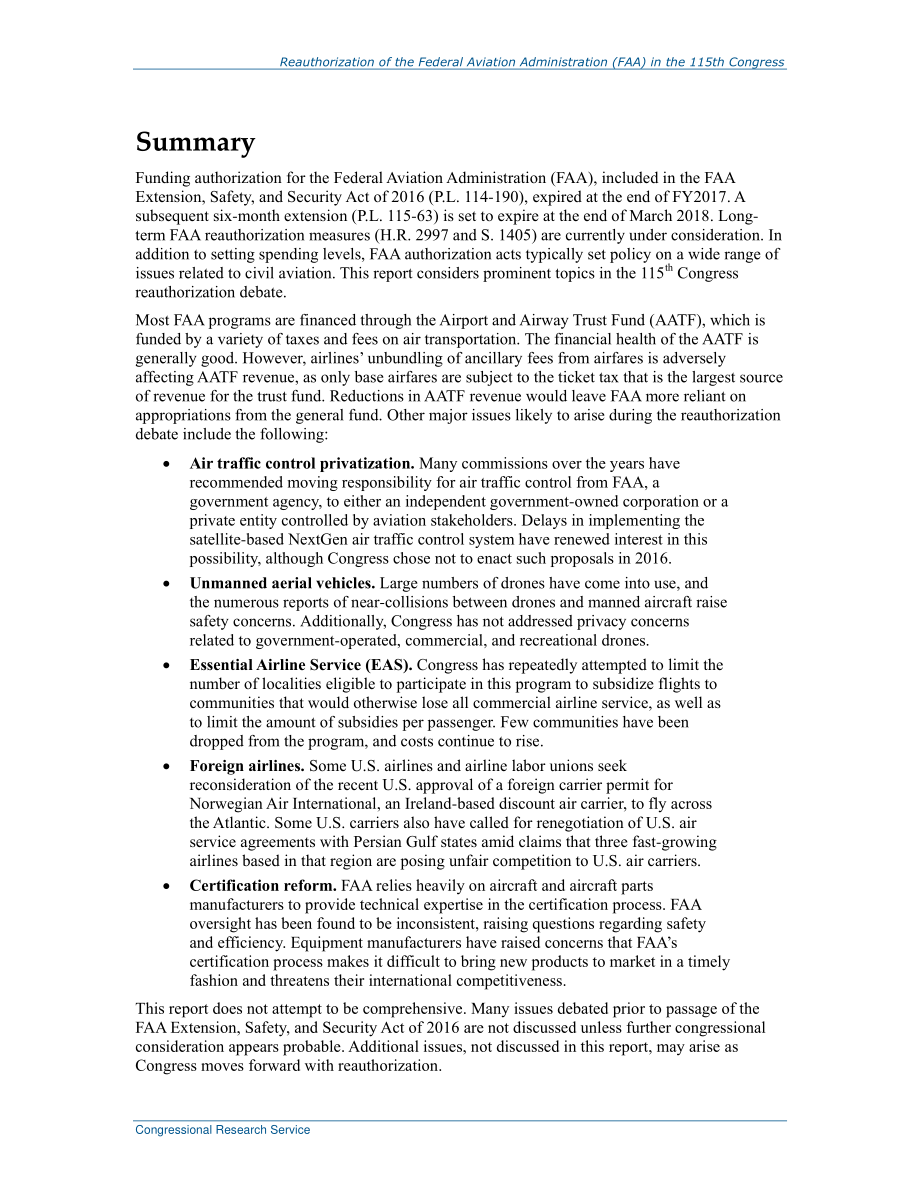 [20171130]R44791_第115届国会对联邦航空管理局（FAA）的重新授权.pdf_第2页