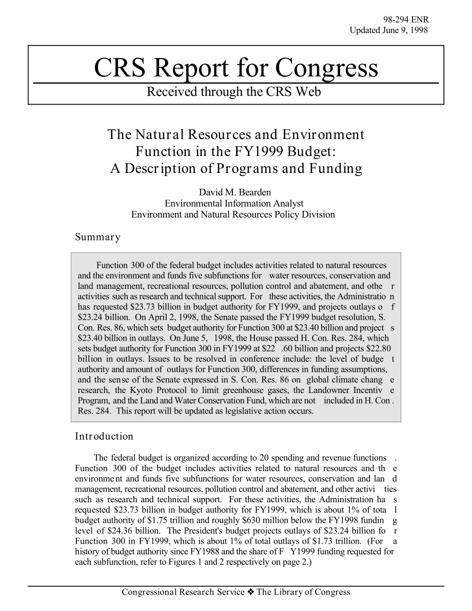 [19980609]98-294_The Natural Resources and Environment Function in the FY1999 Budget 项目和资金说明.pdf_第1页
