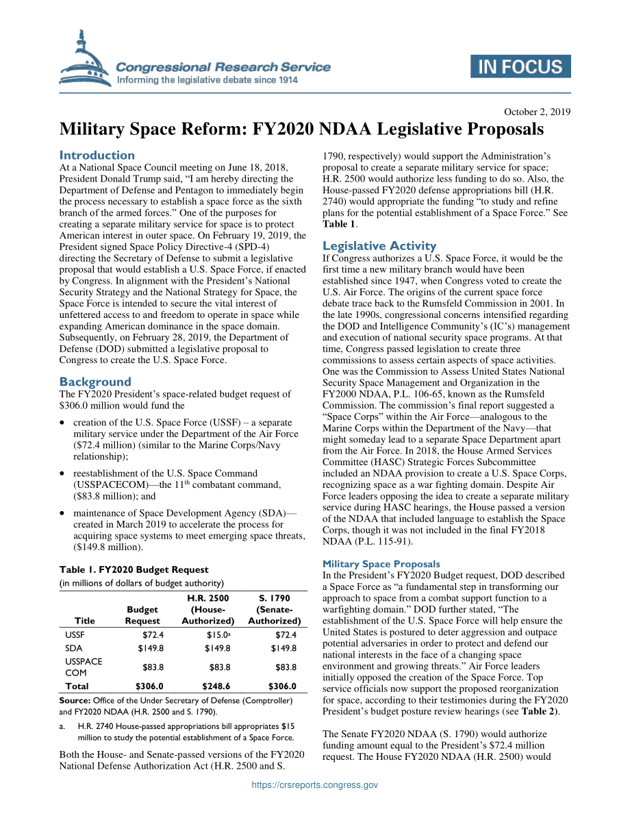 [20191002]IF11326_军事空间改革：2020财年NDAA立法提案 .pdf_第1页