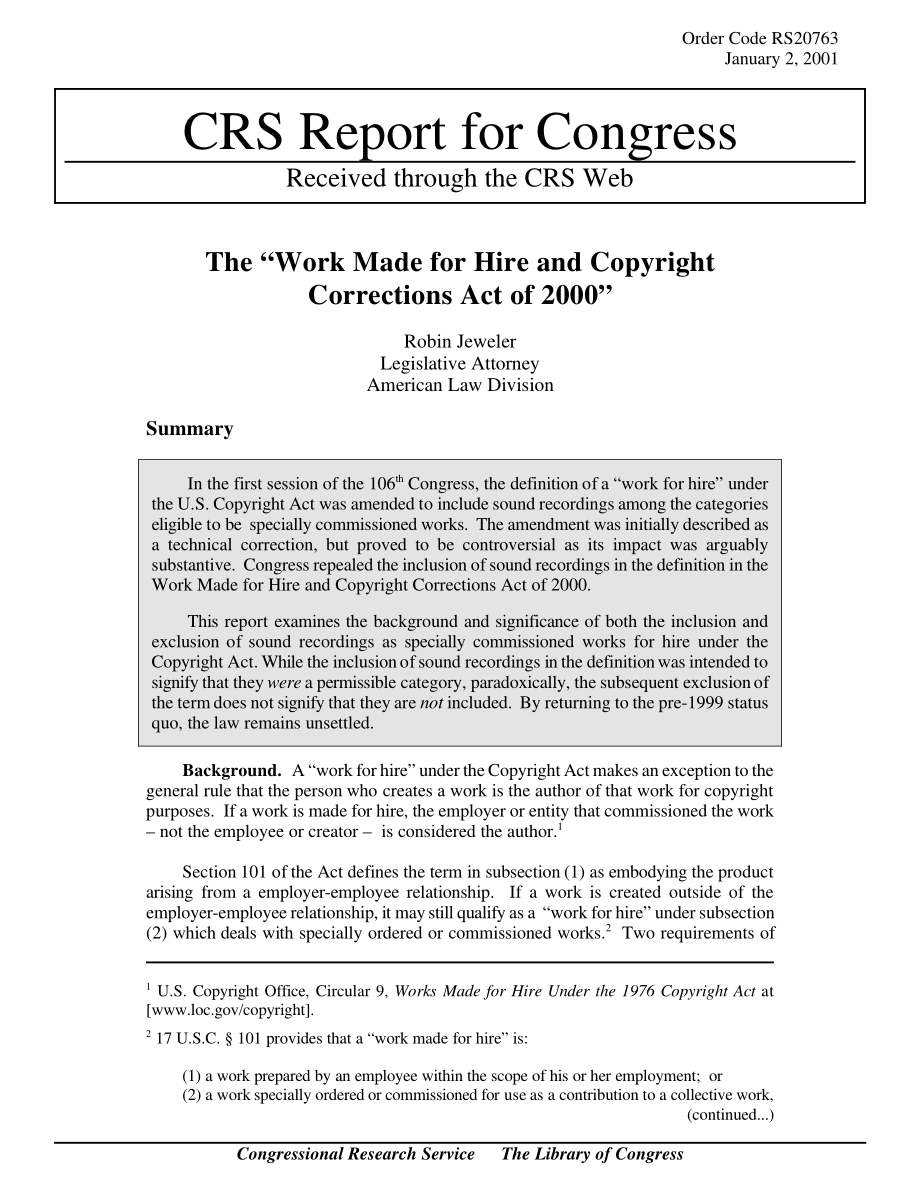 [20010102]RS20763_《2000年雇佣作品和版权更正法》.pdf_第1页