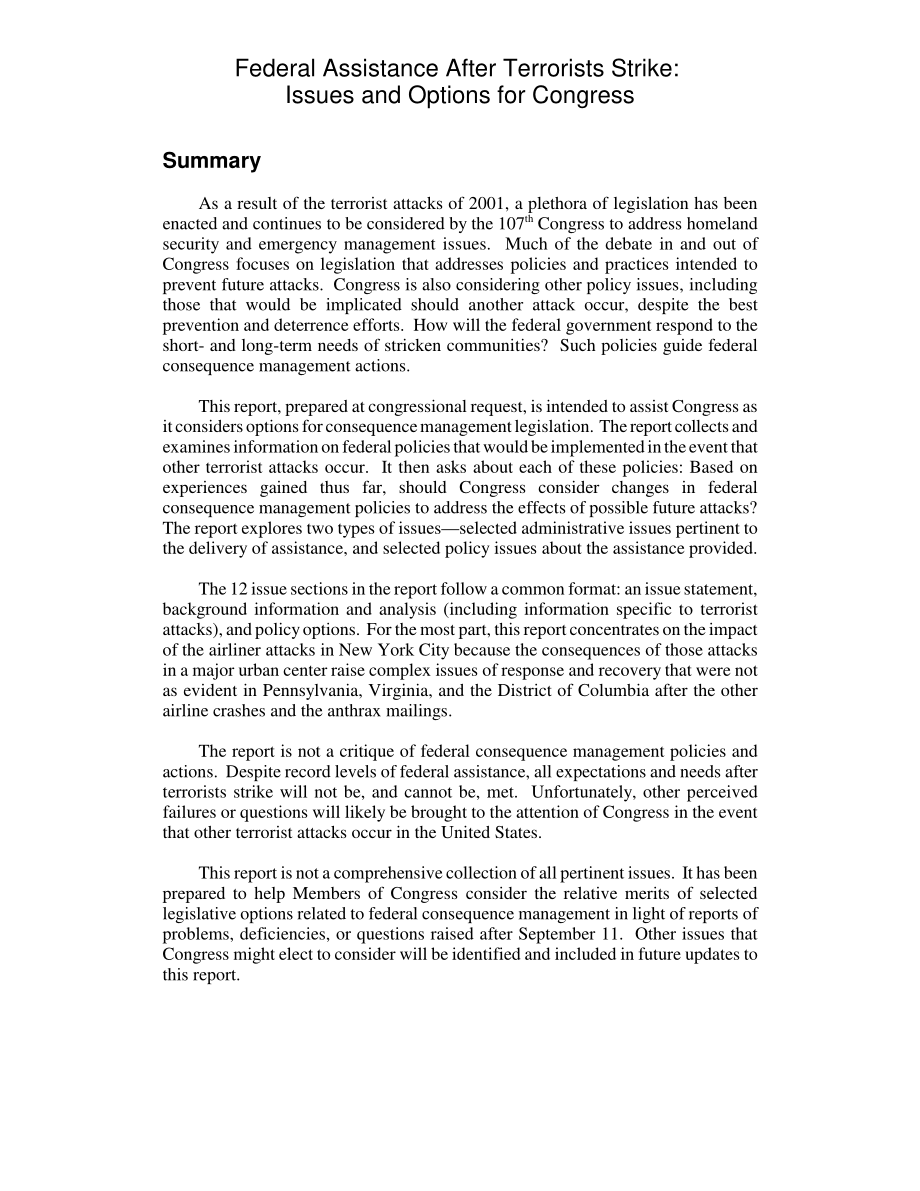 [20020624]RL31464_恐怖分子袭击后的联邦灾难政策：国会的议题和选择.pdf_第2页