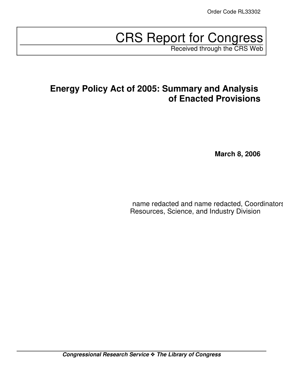 [20060308]RL33302_2005年能源政策法案：已颁布规定的总结和分析.pdf_第1页