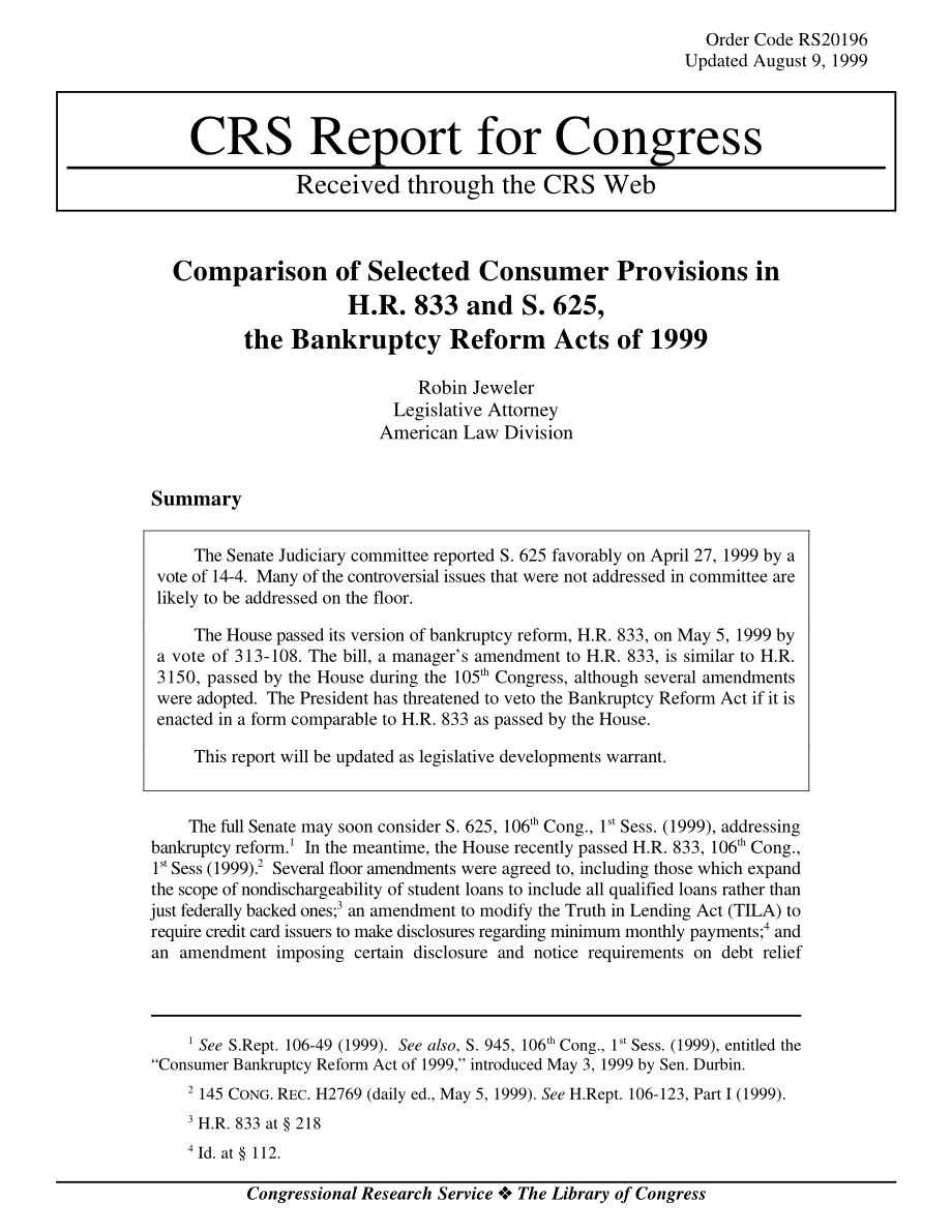 [19990809]RS20196_H.R.中选定消费者条款的比较833和S.625《1999年破产改革法案》.pdf_第1页