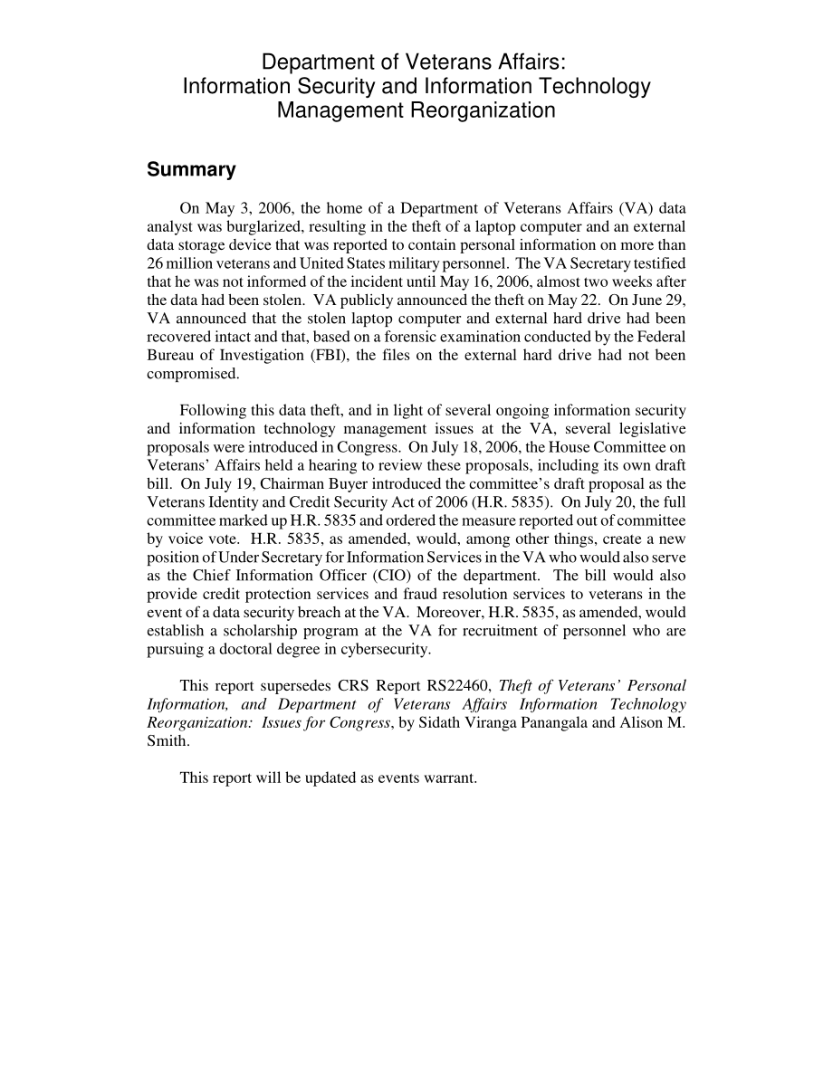 [20060814]RL33612_退伍军人事务部：信息安全与信息技术管理重组.pdf_第2页