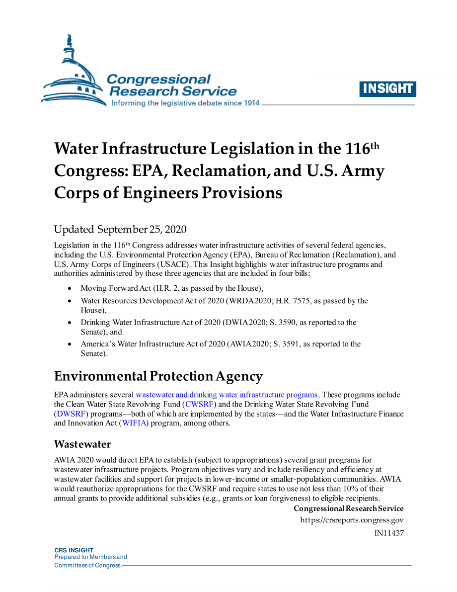 [20200925]IN11437_第116届国会水基础设施立法：EPA、复垦和美国陆军工程兵团规定.pdf_第1页