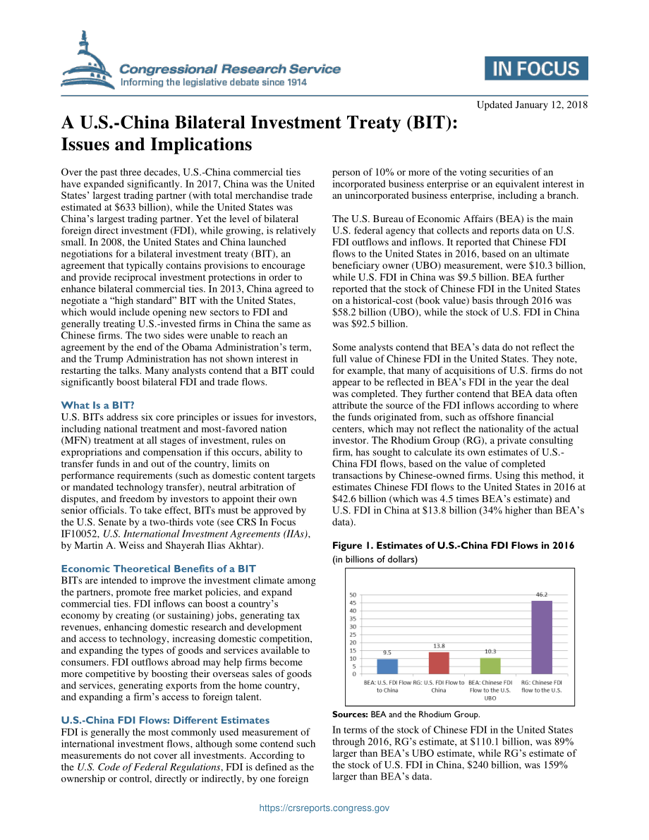 [20180112]IF10307_美中双边投资条约（BIT）：问题和影响.pdf_第1页