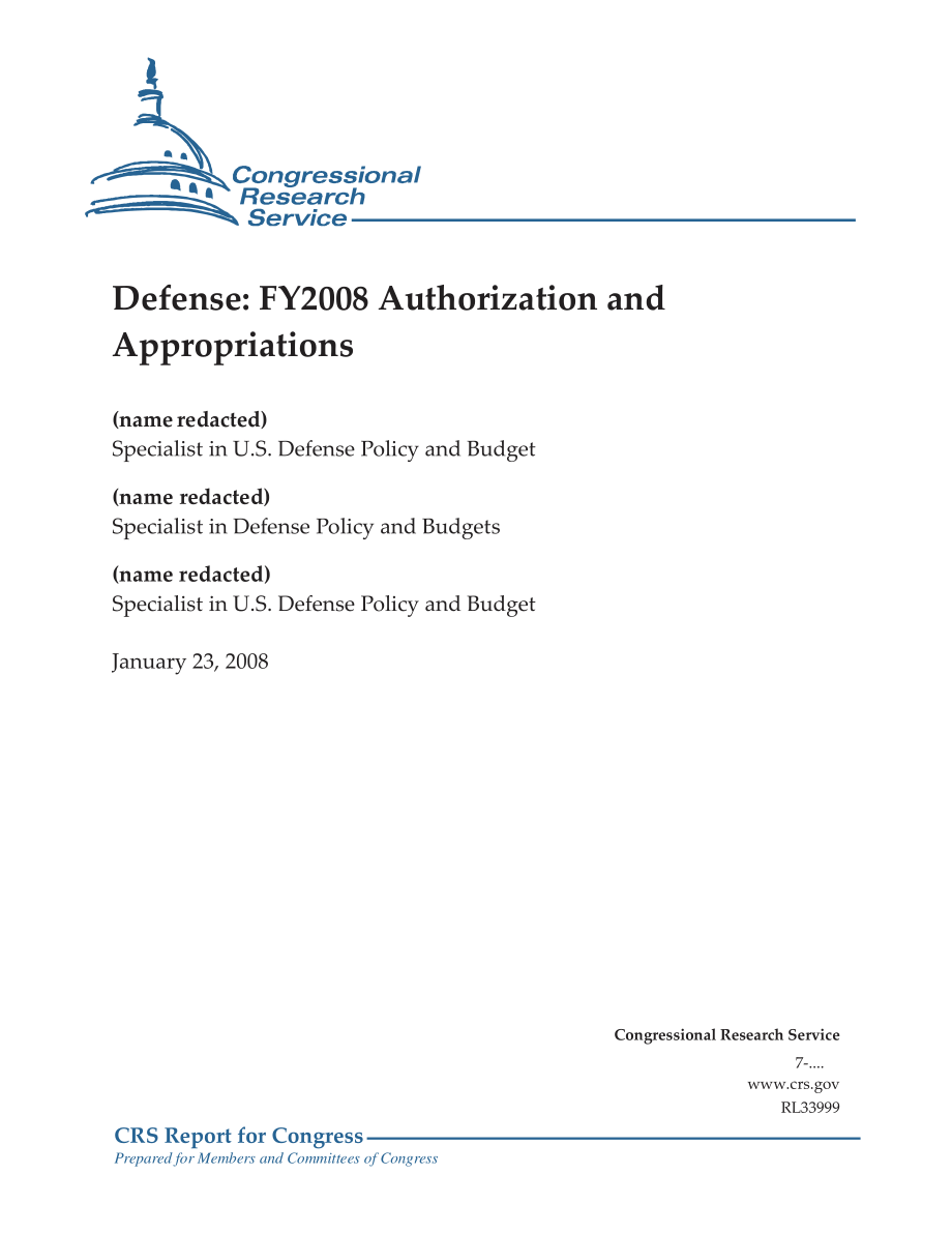 [20080123]RL33999_辩护：2008财年授权和拨款.pdf_第1页