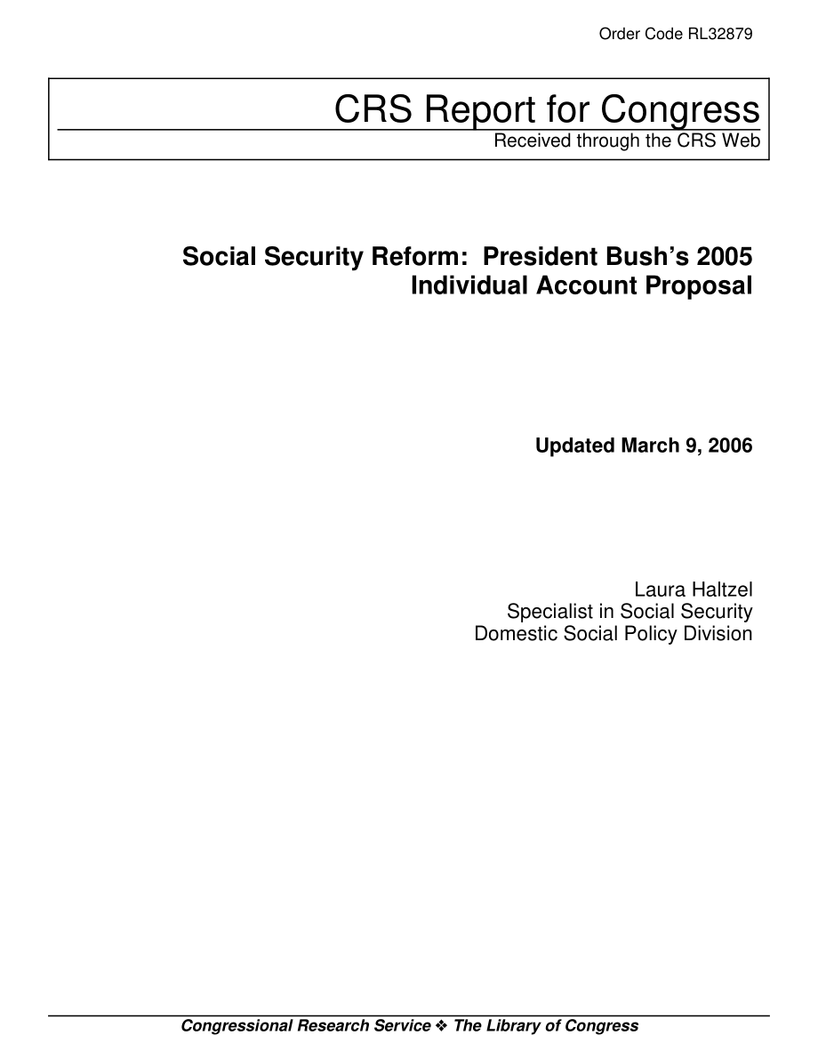 [20060309]RL32879_社会保障改革：布什总统2005年个人账户提案.pdf_第1页