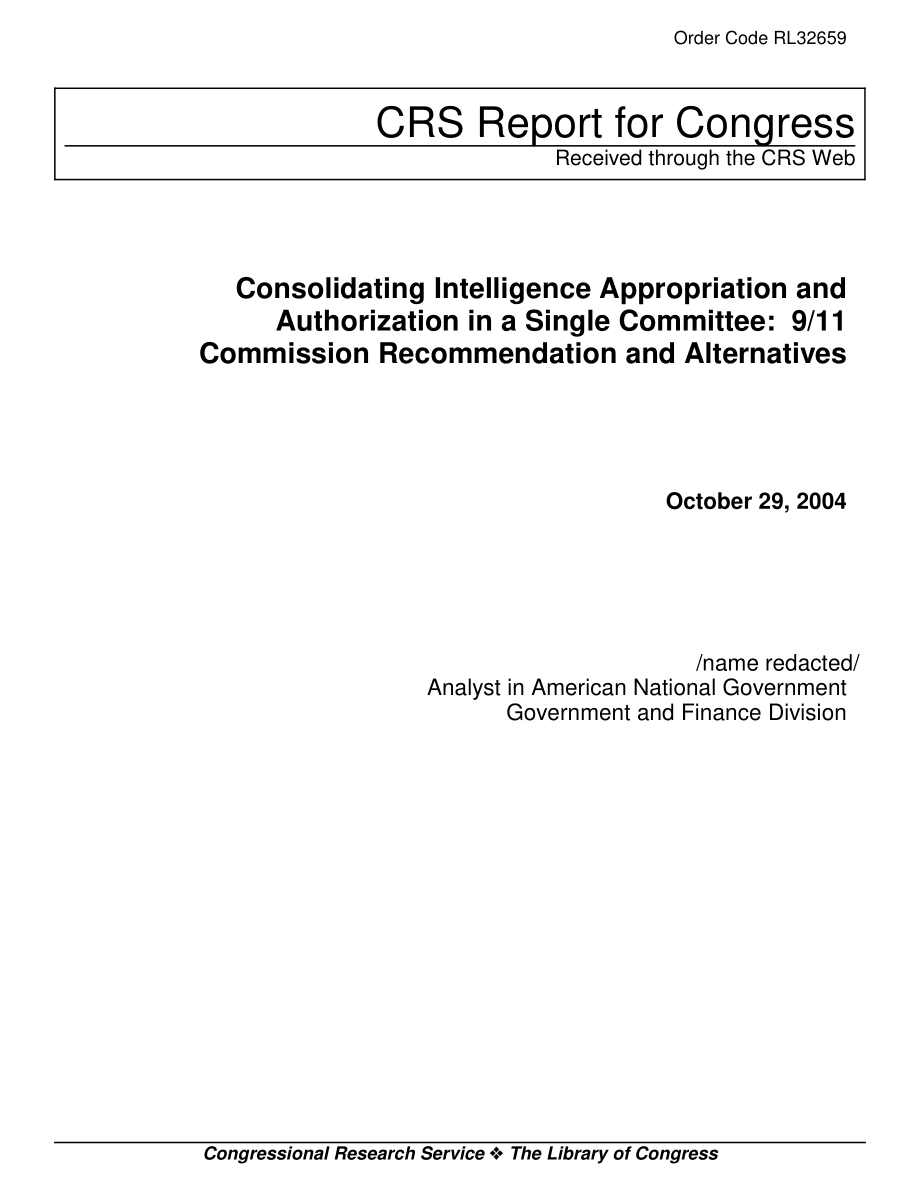 [20041029]RL32659_将情报拨款和授权整合到一个委员会中：911委员会建议和备选方案.pdf_第1页
